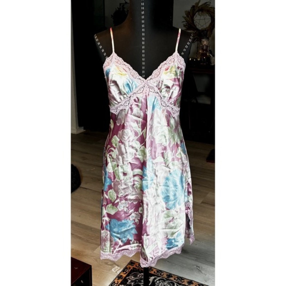 LA Intimates Vintage‎ Floral Satin Slip Dress Midi Lace Trim Women's Medium